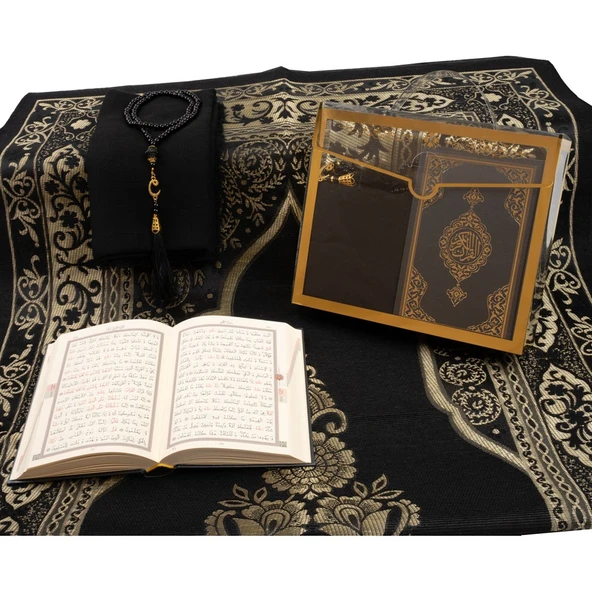 Şal + Seccade + Tesbih + Kuran Hediye Seti (Çanta Boy, Asetat Çanta, Siyah) - Resim 3