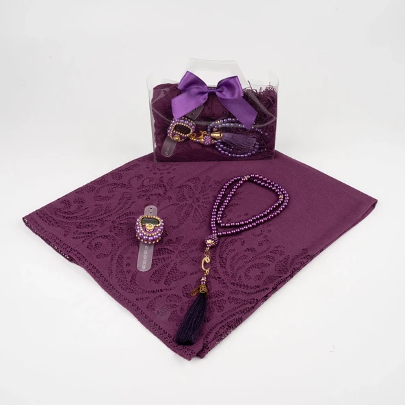 Tesbih + Dantelli Şal + Zikirmatik Hediye Seti (Asetat Kutulu, Mor) - 2