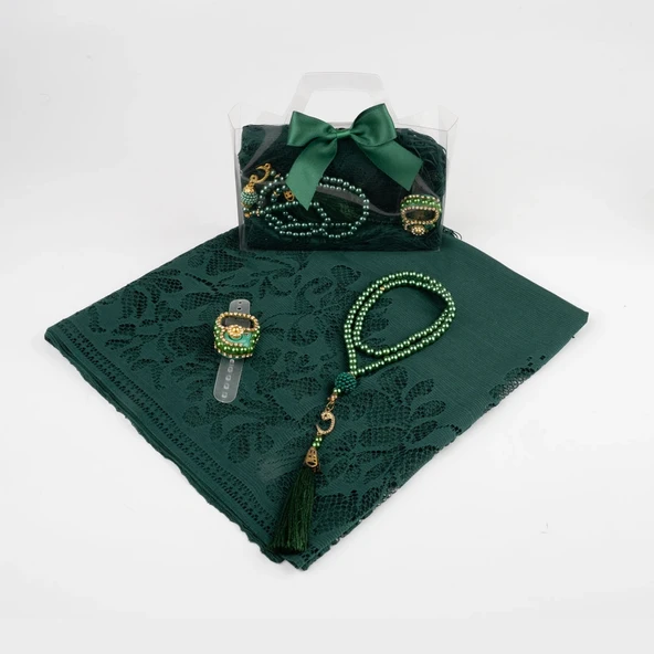 Tesbih + Dantelli Şal + Zikirmatik Hediye Seti (Asetat Kutulu, Yeşil) - 2