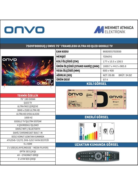 Onvo 75OVF9001UQ Ultra HD 75" 190 Ekran Uydu Alıcılı Google Smart QLED TV - 3