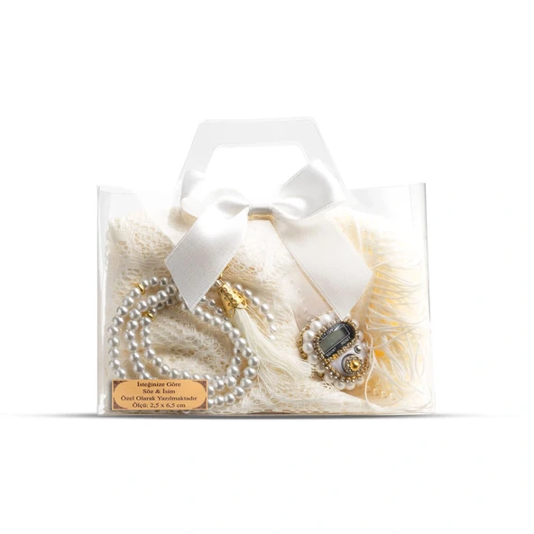 Tesbih + Dantelli Şal + Zikirmatik Hediye Seti (Asetat Kutulu, Krem)