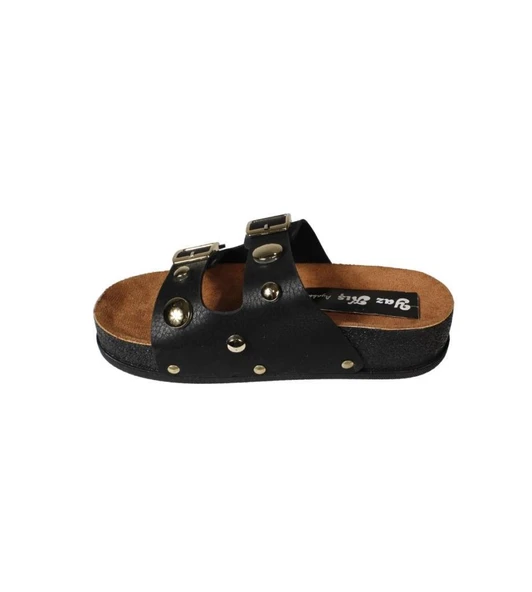 YAZKIŞ Kadın Siyah Ten Cilt Üzeri Altın Detaylı Çift Bantlı Geniş Taraklı 4cm Rahat Taban Terlik - Resim 7