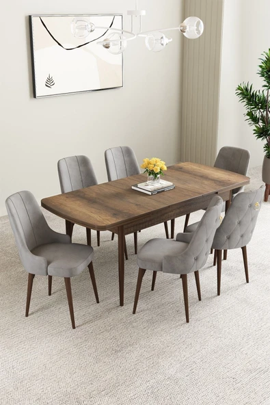 Mabel Barok Desen 80x132 Açılabilir Mdf Masa Yemek Odası Takımı, Mutfak Takımı 6 Adet Sandalye Gri - 2