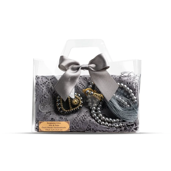 Tesbih + Dantelli Şal + Zikirmatik Hediye Seti (Asetat Kutulu, Gri)