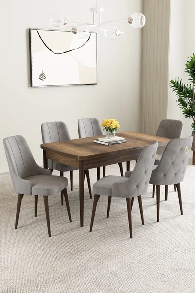 Mabel Barok Desen 80x132 Açılabilir Mdf Masa Yemek Odası Takımı, Mutfak Takımı 6 Adet Sandalye Gri