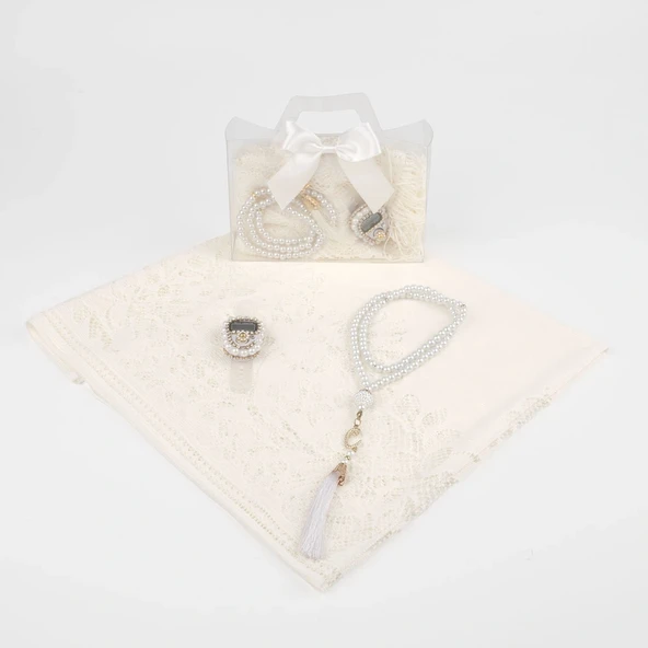 Tesbih + Dantelli Şal + Zikirmatik Hediye Seti (Asetat Kutulu, Krem) - 2