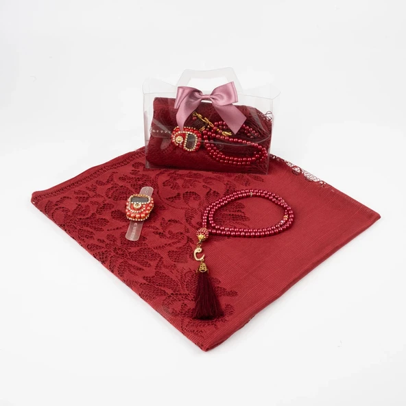 Tesbih + Dantelli Şal + Zikirmatik Hediye Seti (Asetat Kutulu, Bordo) - 2