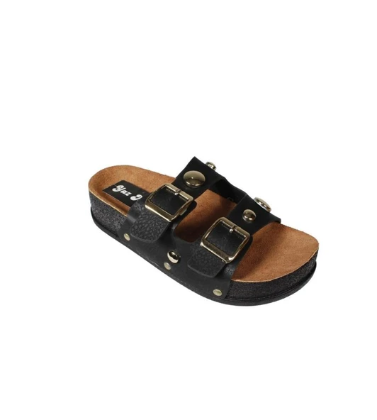 YAZKIŞ Kadın Siyah Ten Cilt Üzeri Altın Detaylı Çift Bantlı Geniş Taraklı 4cm Rahat Taban Terlik - Resim 2