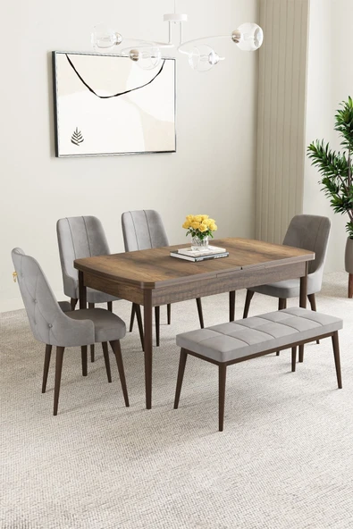 Mabel Barok Desen 80x132 Açılabilir Mdf Masa Yemek Odası Takımı, Mutfak Takımı 4 Sandalye, 1 Bench Gri