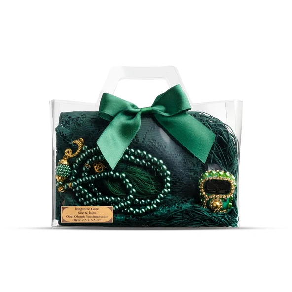 Tesbih + Dantelli Şal + Zikirmatik Hediye Seti (Asetat Kutulu, Yeşil)