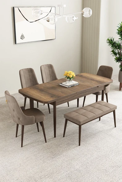 Mabel Barok Desen 80x132 Açılabilir Mdf Masa Yemek Odası Takımı, Mutfak Takımı 4 Sandalye, 1 Bench Cappucino - 2