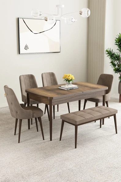 Mabel Barok Desen 80x132 Açılabilir Mdf Masa Yemek Odası Takımı, Mutfak Takımı 4 Sandalye, 1 Bench Cappucino