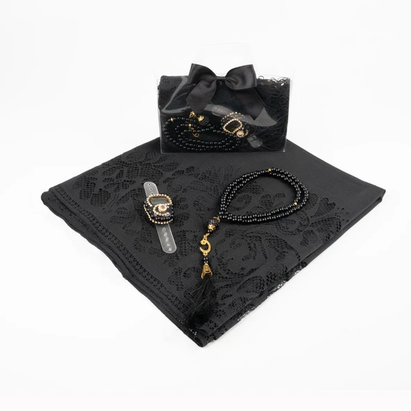 Tesbih + Dantelli  Şal + Zikirmatik Hediye Seti (Asetat Kutulu, Siyah) - 2