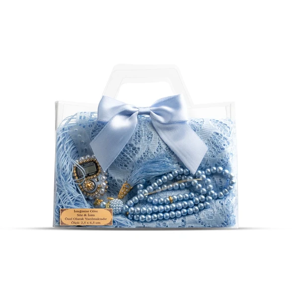 Tesbih + Dantelli Şal + Zikirmatik Hediye Seti (Asetat Kutulu, Mavi)