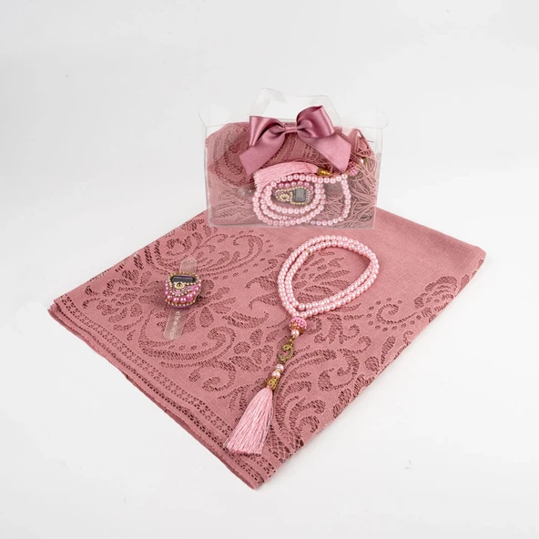 Tesbih + Dantelli Şal + Zikirmatik Hediye Seti (Asetat Kutulu, Pembe) - 2
