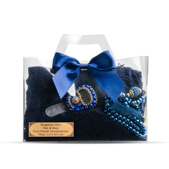 Tesbih + Dantelli Şal + Zikirmatik Hediye Seti (Asetat Kutulu, Lacivert)