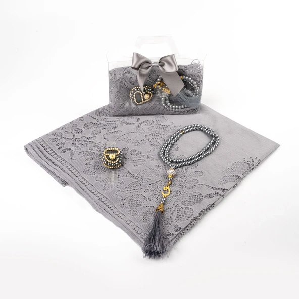 Tesbih + Dantelli Şal + Zikirmatik Hediye Seti (Asetat Kutulu, Gri) - 2