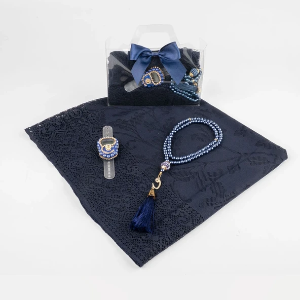 Tesbih + Dantelli Şal + Zikirmatik Hediye Seti (Asetat Kutulu, Lacivert) - 2