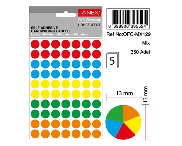 Tanex Ofc-129 Mıx Color Ofis Etiketi 13mm 350 Adet ürün görseli