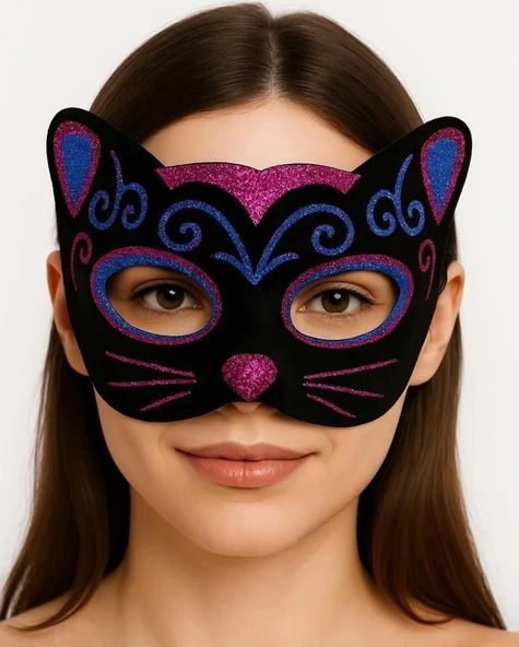 CEYLAN ADAM   Siyah Kadife Kaplama Üzeri Pembe Mavi Sim İşlemeli Kedi Maskesi 20x13 cm - Resim 4