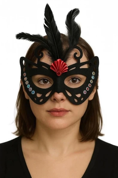 CEYLAN ADAM   Siyah Renk Siyah Süet Kaplama Tüylü Kelebek Figür Parti Maskesi 24x18 cm - Resim 3