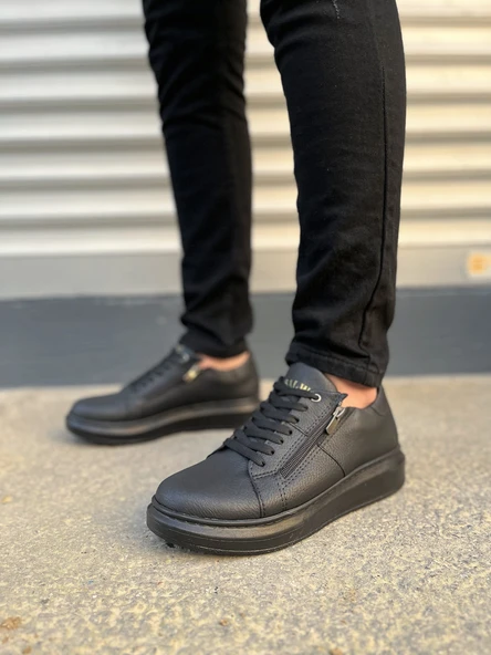 JET-155 Warrior Bağcıklı ve Fermuarlı Cilt Erkek Günlük Sneaker Ayakkabı CST - Siyah - Resim 2