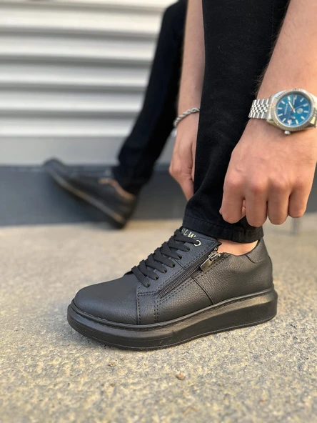 JET-155 Warrior Bağcıklı ve Fermuarlı Cilt Erkek Günlük Sneaker Ayakkabı CST - Siyah - Resim 3