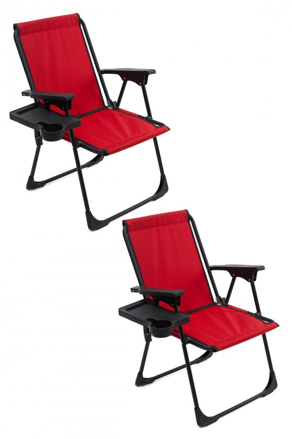 2 Adet Katlanır Kamp Sandalyesi Dikdörtgen Bardaklıklı Kırmızı