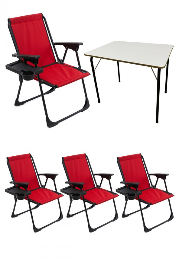 4 Adet Bardaklıklı Katlanır Kamp Sandalyesi ve MDF Kamp Masası