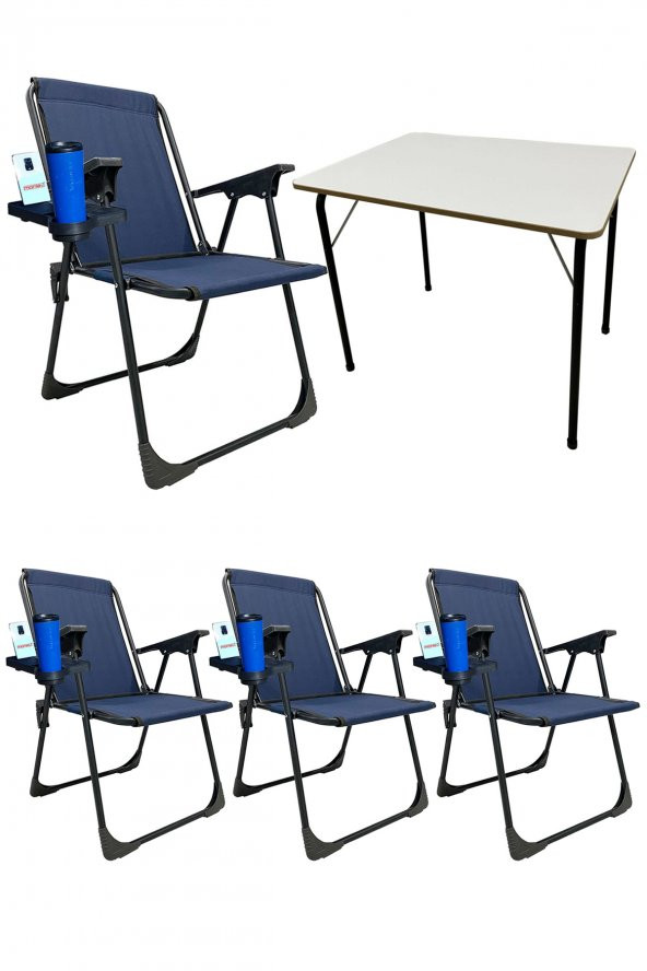 4 Adet Bardaklıklı Katlanır Kamp Sandalyesi ve MDF Kamp Masası
