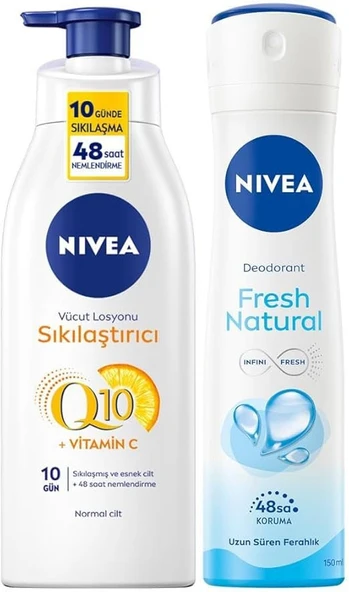 NIVEA Kadın Sprey Deodorant Fresh Natural 150ml, Q10 Sıkılaştırıcı ve Nemlendirici Vücut Losyonu 400ml