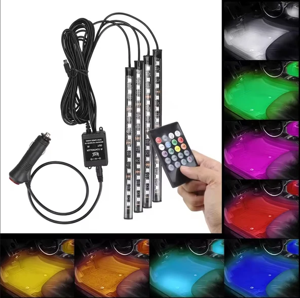 48 LED ARAÇ İÇİ AYAK ALTI LED IŞIK KUMANDALI MÜZİĞE DUYARLI ÇAKMAKLIK GİRİŞLİ ÇOK RENKLİ ARAÇ İÇİ AYDINLATMA - 1