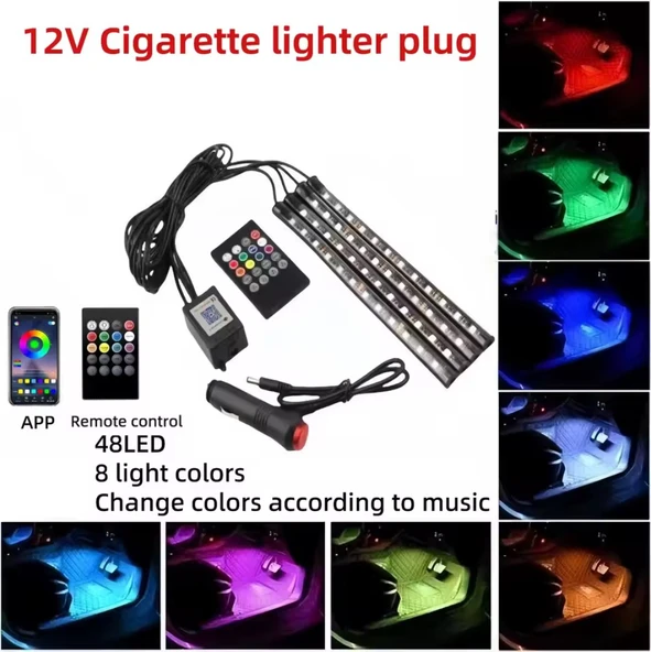 48 LED ARAÇ İÇİ AYAK ALTI LED IŞIK KUMANDALI MÜZİĞE DUYARLI ÇAKMAKLIK GİRİŞLİ ÇOK RENKLİ ARAÇ İÇİ AYDINLATMA - 6