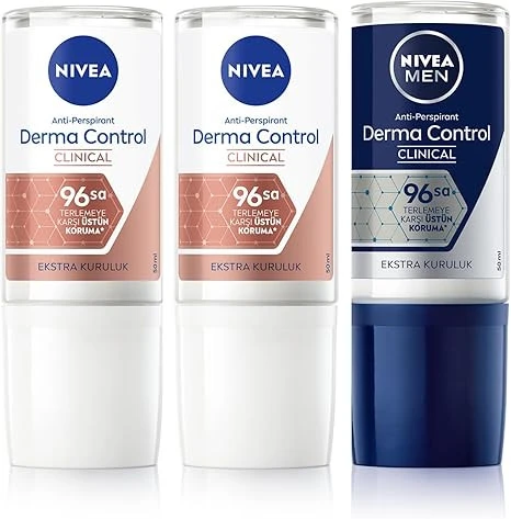 NIVEA Derma Control Clinical Kadın Roll-on deodorant 50 ml,96 saat koruma X2 + NIVEA MEN Erkek Roll-on deodorant Derma Control Clinical 50 ml, Ter Kokusuna Karşı 96 saat koruma,DermaDry ile Kuruluk ürün görseli 1