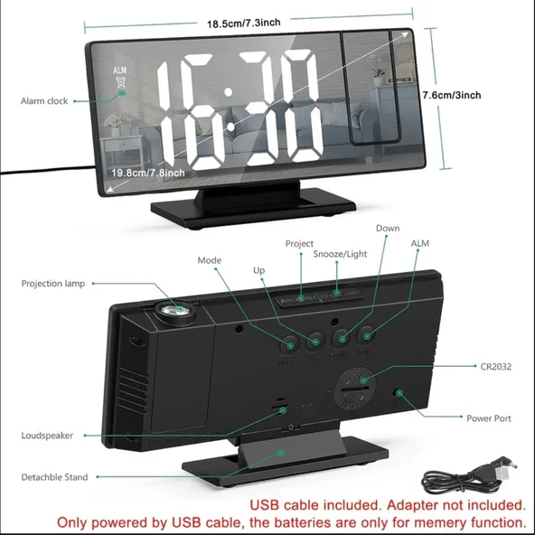 PROJEKSİYONLU AYNALI ÇOK FONKSİYONLU DİJİTAL MASA SAATİ YANSITMALI IŞIKLI SAAT - Resim 4