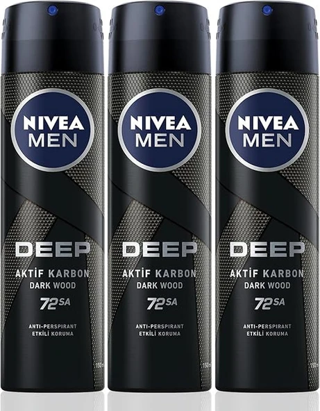 NIVEA MEN Erkek Sprey Deodorant Deep Dimension, Ter ve Ter Kokusuna Karşı 48 Saat Anti-perspirant Koruma 150ml X3 Adet,Erkeksi Koku ürün görseli