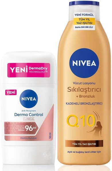 NIVEA Q10 Sıkılaştırıcı Bronzluk Vücut Losyonu 200ml ve Kadın Stick Deodorant Derma Control Clinical 50ml ürün görseli