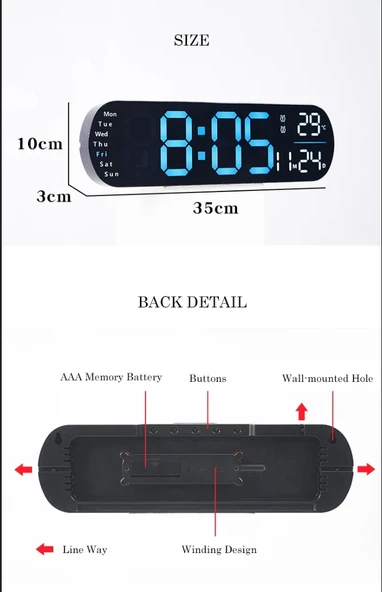DİJİTAL ALARMLI TERMOMETRELİ TARİHLİ IŞIKLI DUVAR SAATİ OFİS MASA SAATİ KUMANDALI - Resim 6