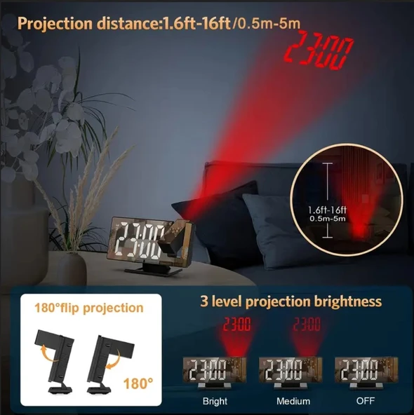 PROJEKSİYONLU AYNALI ÇOK FONKSİYONLU DİJİTAL MASA SAATİ YANSITMALI IŞIKLI SAAT - Resim 5