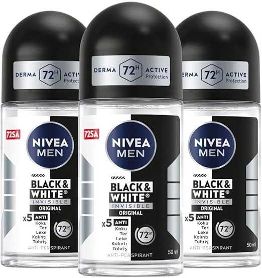 NIVEA MEN Erkek Roll-on Deodorant Black&White Invisible Original 50ml, 72 Saat Anti-perspirant, X3 AdetSet P09753