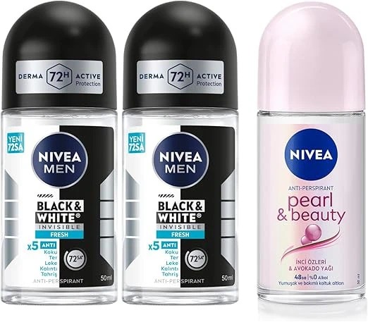 NIVEA Kadın Roll On Deodorant Pearl & Beauty + NIVEA Men Erkek Roll On Deodorant Black&White Invisible Fresh 50 ml X2 ürün görseli