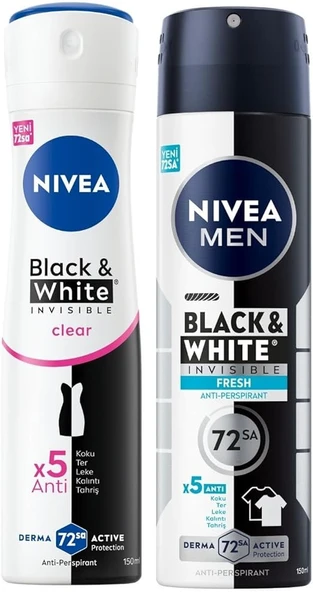 NIVEA Kadın Sprey Deodorant Black&White Invisible Clear 150 ml, MEN Erkek Sprey Deodorant Black&White Fresh150 ml,2'li Paket ürün görseli 1
