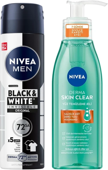 NIVEA Derma Skin Clear Sivilce Karşıtı Yüz Temizleme Jeli 150ml, Erkek Sprey Deodorant Black&White 150ml,Bakım Seti ürün görseli
