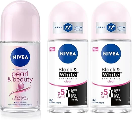 NIVEA Kadın Roll On Deodorant Pearl & Beauty 48 Saat Anti-perspirant Koruma (50 ml) + NIVEA Kadın Roll On Deodorant Black & White Invisible Clear 48 Saat Anti-Perspirant Koruma (50 ml) X2 ürün görseli 1