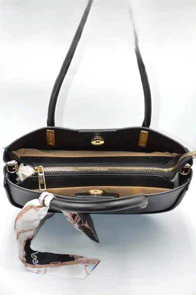 Kadın Siyah Kurdele Süslü Fermuarlı ve Askılı Günlük Şık Çanta - 3