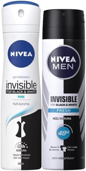 Nivea Black&White Pure Bayan Deosprey 150 Ml+Black&White Fresh Erkek Deosprey 150 Ml 2'Li Paket ürün görseli 1