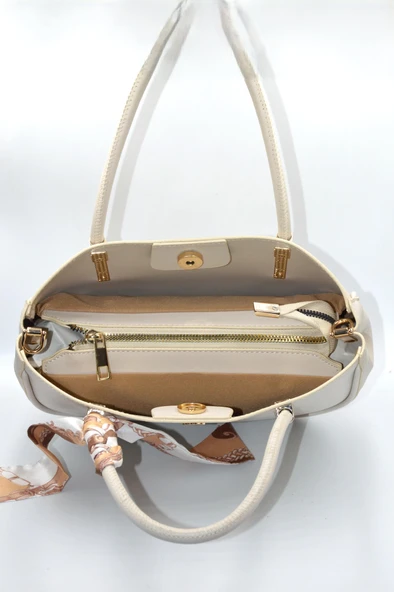 Kadın Bej Kurdele Süslü Fermuarlı Ve Askılı Günlük Şık Çanta - 4