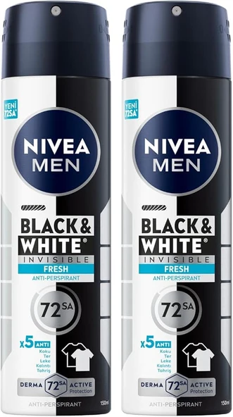 NIVEA MEN Erkek Sprey Deodorant Black&White Invisible Fresh 150 ml, 72 Saat Antiperspirant Koruma, Avantajlı Paket, x2 Adet