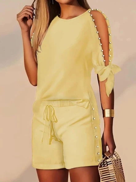 Kadın Kısa Kollu Bisiklet Yaka Yarı Açık Omuz Inci Detaylı Short T-shirt Viskon Ikili Takım - Resim 3