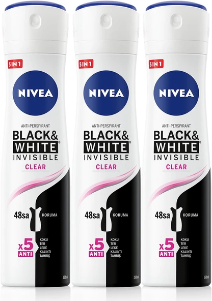 NIVEA Kadın Sprey Deodorant Black&White Invisible Original 150ml, 72 Saat Anti-perspirant Koruma, X3 Adet